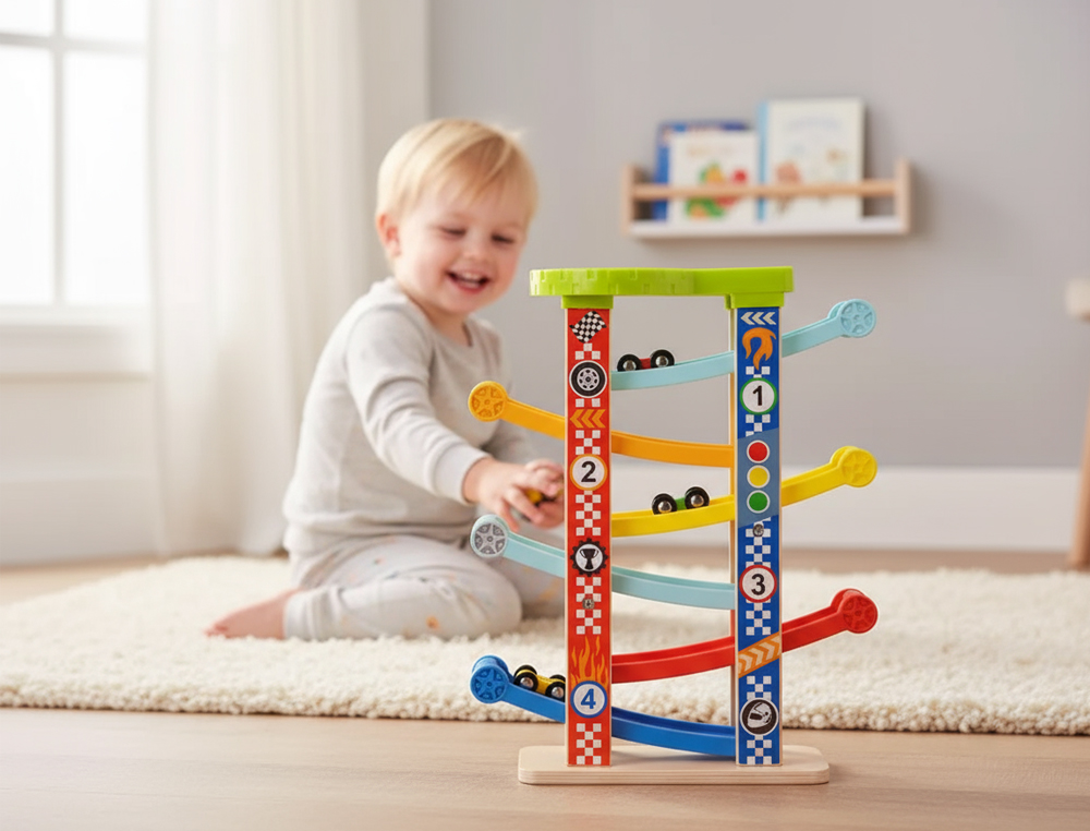 JUEGO INFANTIL IMAGINOVO MADERA TORRE DE DESLIZAMIENTO CON 7 NIVELES INCLUYE 6 COCHES +18 MESES 38X32X14CM