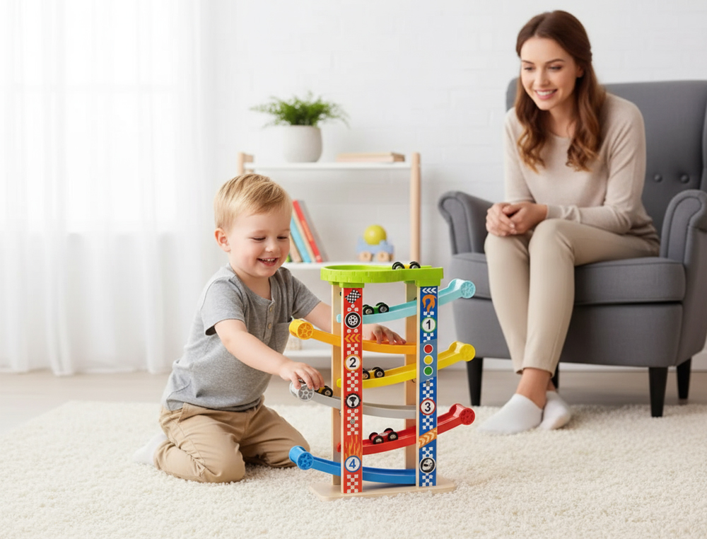 JUEGO INFANTIL IMAGINOVO MADERA TORRE DE DESLIZAMIENTO CON 7 NIVELES INCLUYE 6 COCHES +18 MESES 38X32X14CM