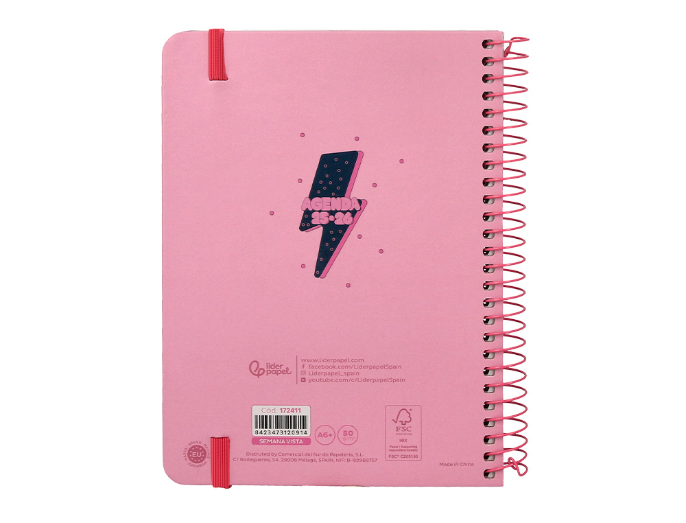 AGENDA ESCOLAR LIDERPAPEL 25-26 ESPIRAL PATTERNS RAYOS ROSA SEMANA VISTA A6 BILINGE PAPEL FSC 80 GR