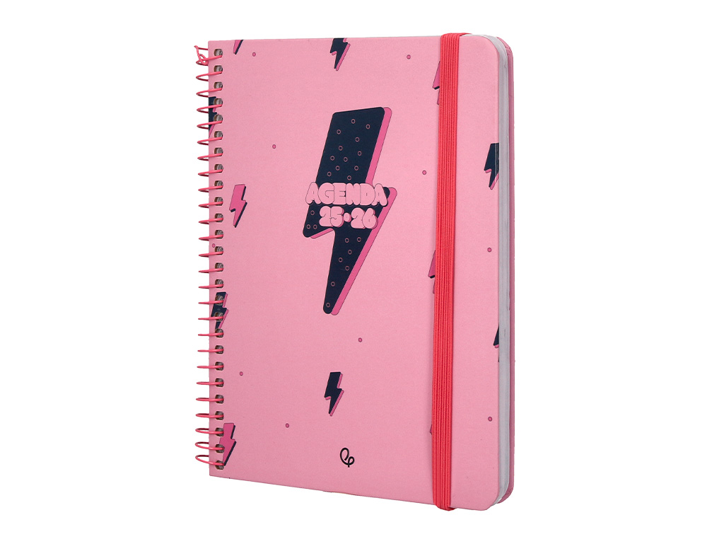 AGENDA ESCOLAR LIDERPAPEL 25-26 ESPIRAL PATTERNS RAYOS ROSA SEMANA VISTA A6 BILINGE PAPEL FSC 80 GR