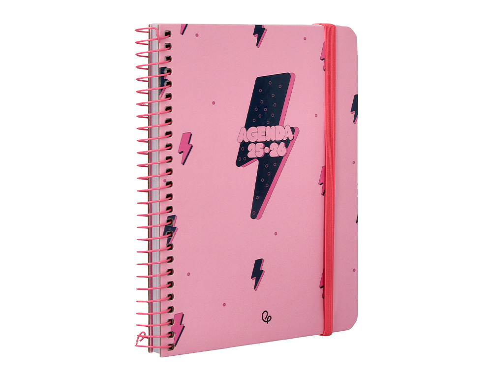 AGENDA ESCOLAR LIDERPAPEL 25-26 ESPIRAL PATTERNS RAYOS ROSA SEMANA VISTA A6 BILINGE PAPEL FSC 80 GR