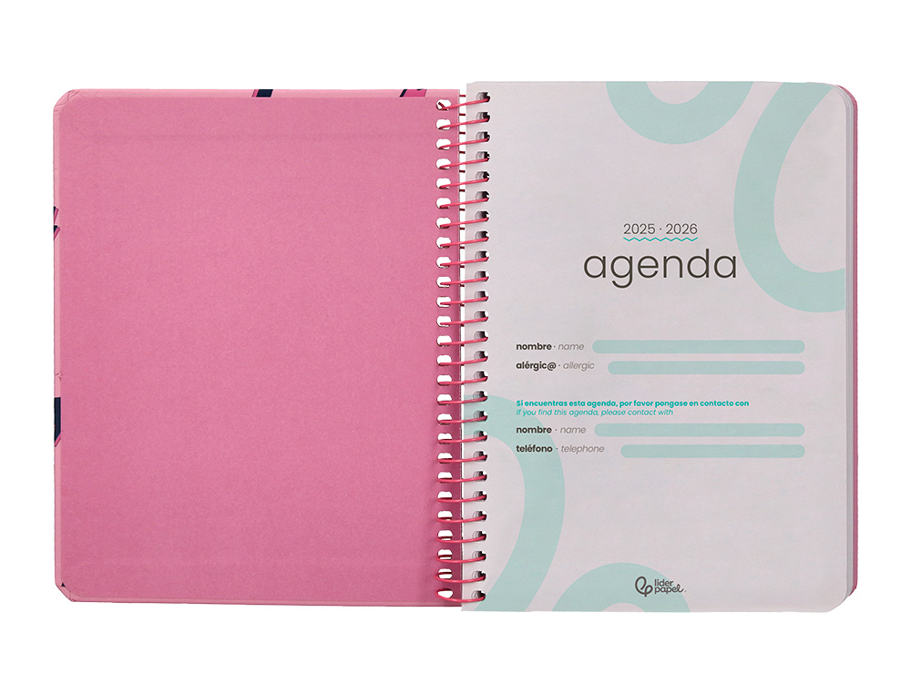 AGENDA ESCOLAR LIDERPAPEL 25-26 ESPIRAL PATTERNS RAYOS ROSA SEMANA VISTA A6 BILINGE PAPEL FSC 80 GR