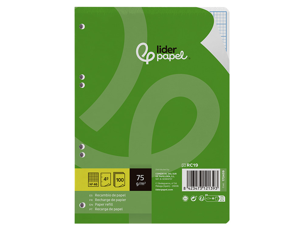 RECAMBIO LIDERPAPEL DIN A5 100 HOJAS 75GR RAYADO N 46 6 TALADROS