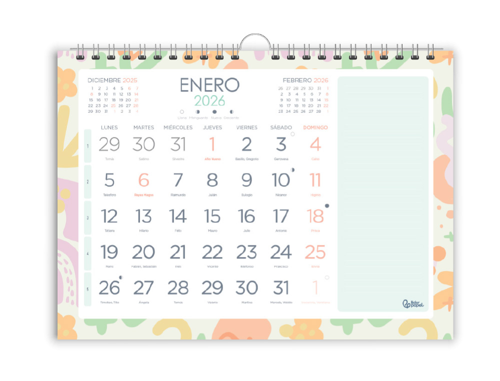 CALENDARIO ESPIRAL PARED LIDERPAPEL JOVEN 2026 NUMEROS GRANDES 44X32 CM PAPEL 128 GR CON PEGATINAS