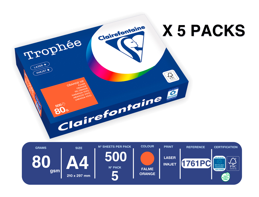 PAPEL COLOR TROPHEE A4 80GR NARANJA INTENSO PAQUETE DE 500 HOJAS