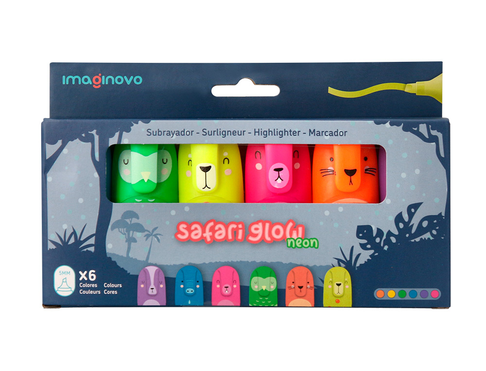 ROTULADOR IMAGINOVO FLUORESCENTE SAFARI GLOW NEON ANIMALES Y CLIP CAJA DE 6 UNIDADES SURTIDAS