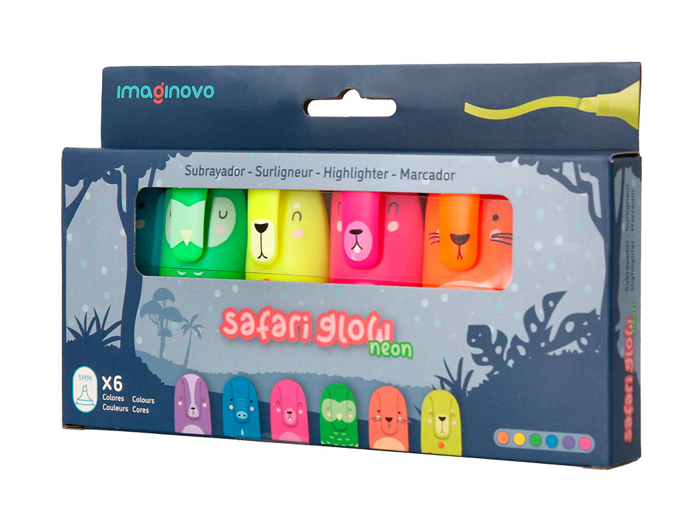 ROTULADOR IMAGINOVO FLUORESCENTE SAFARI GLOW NEON ANIMALES Y CLIP CAJA DE 6 UNIDADES SURTIDAS