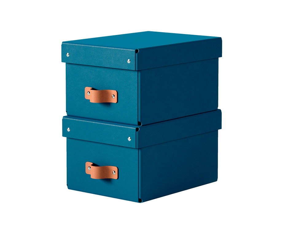 CAJA DE ALMACENAJE LEITZ CARTON PEQUEÑA CON ASA DE PIEL COLOR AZUL PACK DE 2 UNIDADES