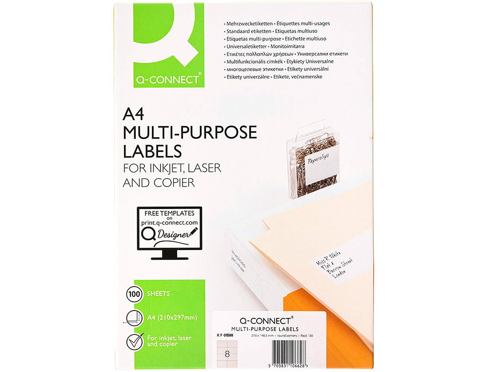 ETIQUETA ADHESIVA Q-CONNECT KF01588 TAMAO 99,1X67,7 MM FOTOCOPIADORA LASER INK-JET CAJA CON 100 HOJAS DIN A4