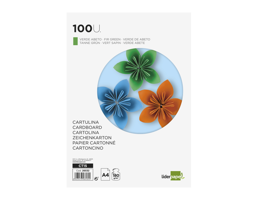 CARTULINA LIDERPAPEL A4 180G/M2 VERDE ABETO PAQUETE DE 100 HOJAS