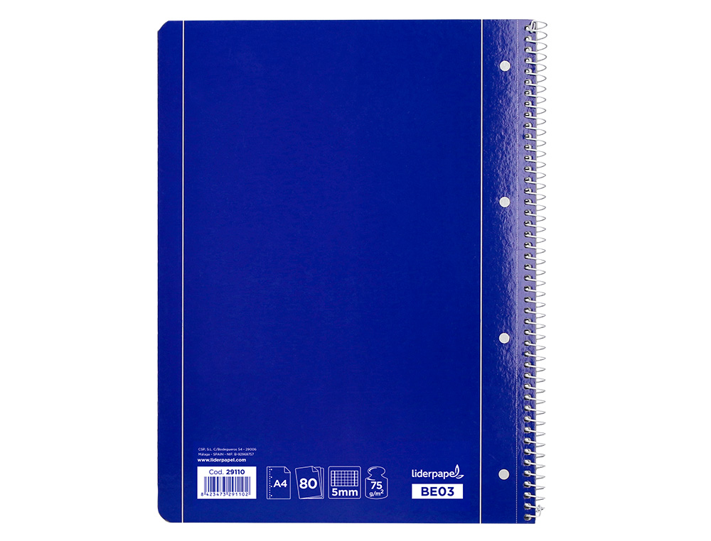 CUADERNO ESPIRAL LIDERPAPEL A4 MICRO SERIE AZUL TAPA BLANDA 80H 75GR CUADRO 5MM CON MAR GEN 4 TALADROS AZUL