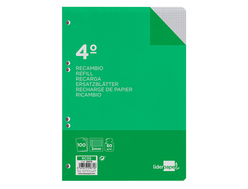 RECAMBIO LIDERPAPEL CUARTO 100 HOJAS 60GR CUADRO 3MM CON MARGEN 6 TALADROS