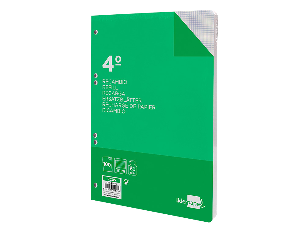 RECAMBIO LIDERPAPEL CUARTO 100 HOJAS 60GR CUADRO 3MM CON MARGEN 6 TALADROS