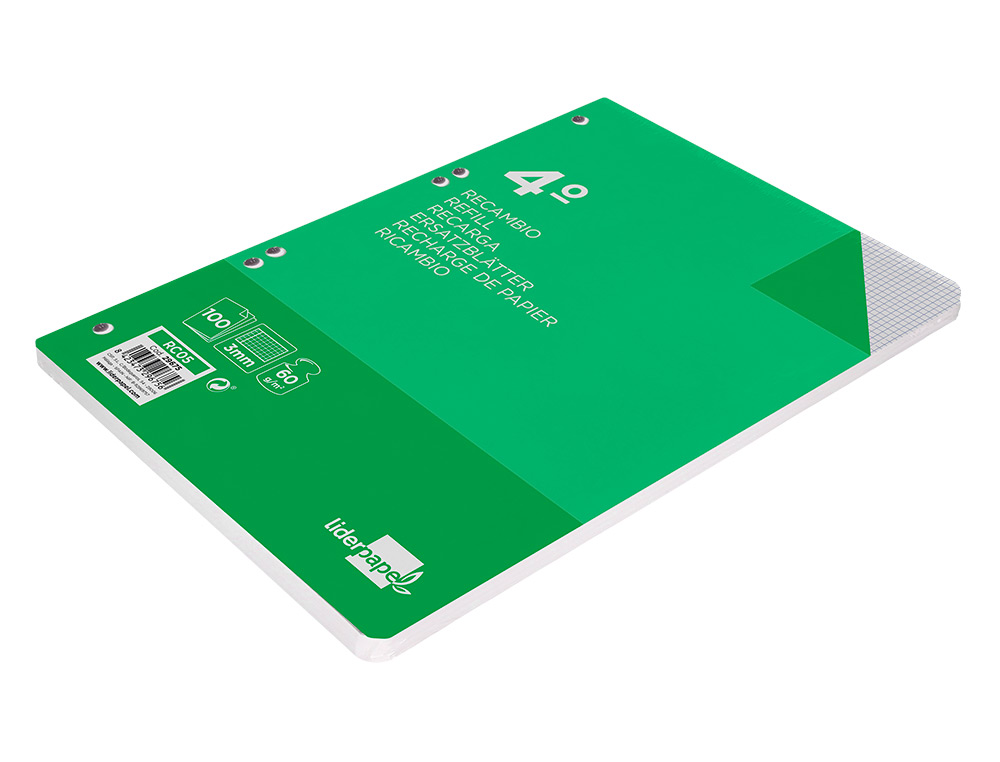 RECAMBIO LIDERPAPEL CUARTO 100 HOJAS 60GR CUADRO 3MM CON MARGEN 6 TALADROS