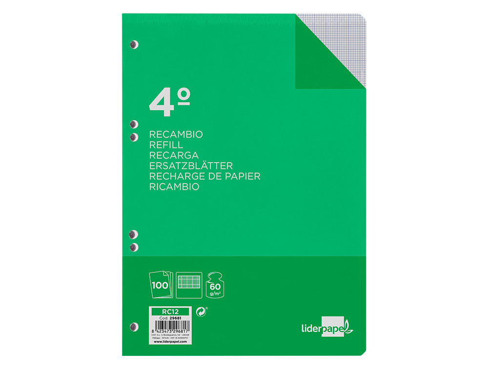 RECAMBIO LIDERPAPEL CUARTO 100 HOJAS 60GR MILIMETRADO SIN MARGEN 6 TALADROS