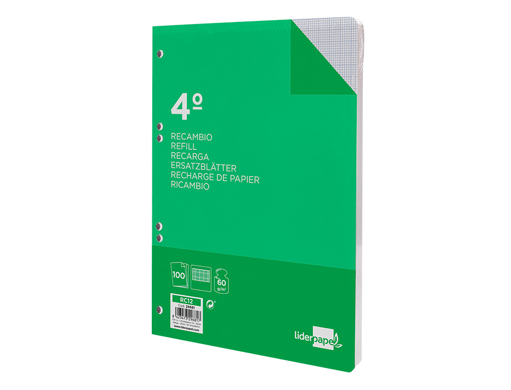 RECAMBIO LIDERPAPEL CUARTO 100 HOJAS 60GR MILIMETRADO SIN MARGEN 6 TALADROS