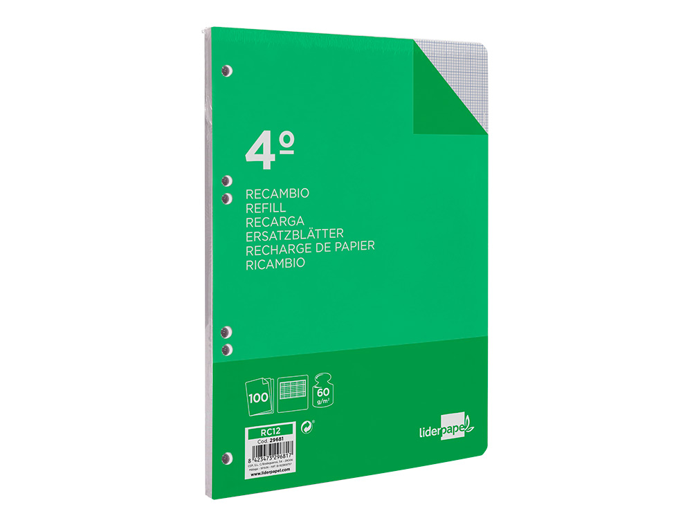 RECAMBIO LIDERPAPEL CUARTO 100 HOJAS 60GR MILIMETRADO SIN MARGEN 6 TALADROS