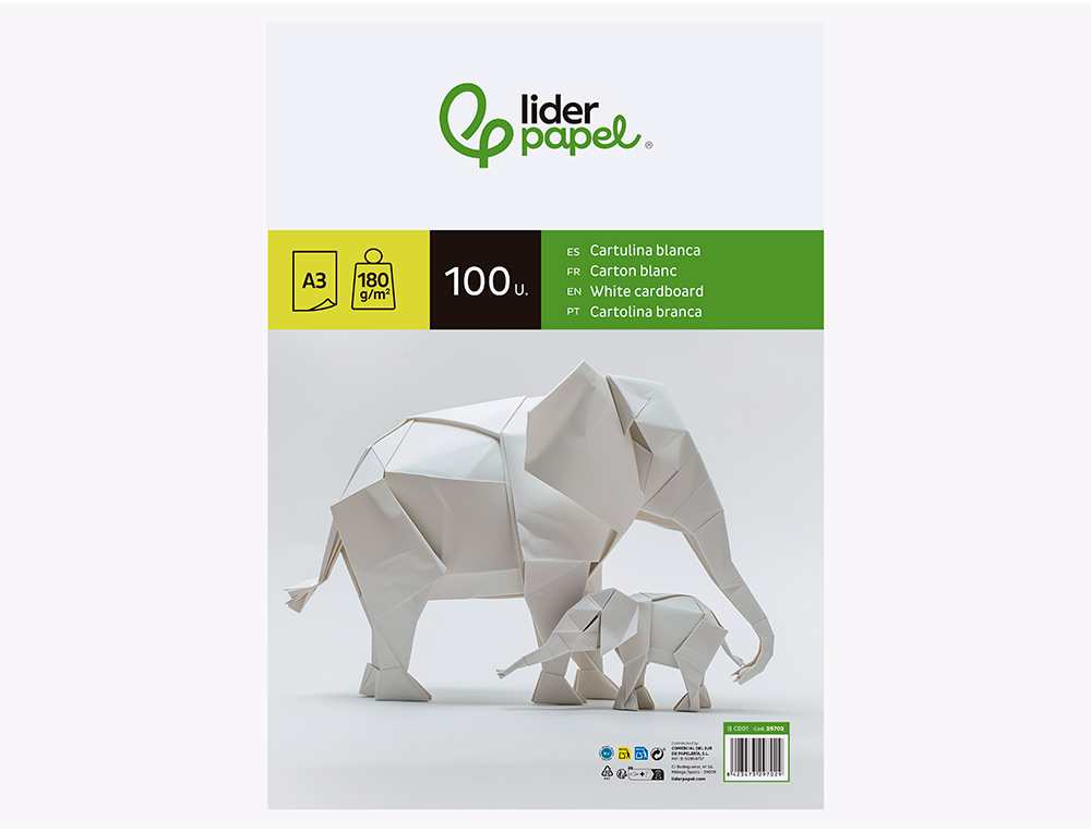 CARTULINA LIDERPAPEL A3 180G/M2 BLANCO PAQUETE DE 100 HOJAS