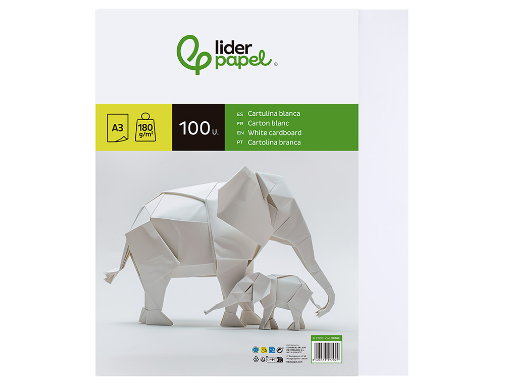 CARTULINA LIDERPAPEL A3 180G/M2 BLANCO PAQUETE DE 100 HOJAS