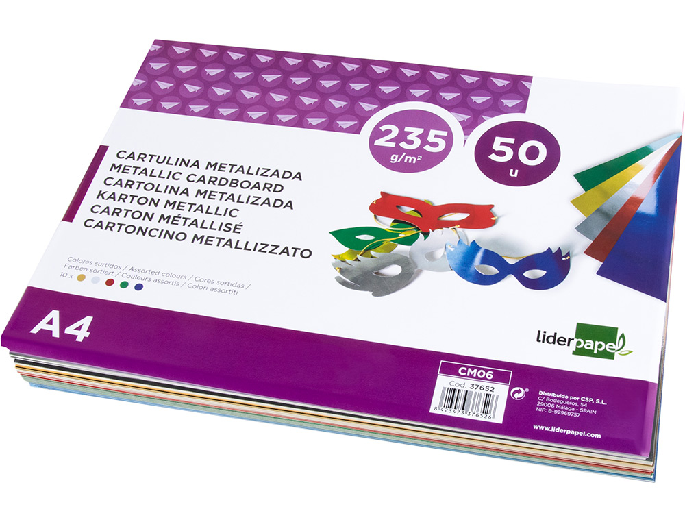 CARTULINA LIDERPAPEL A4 235 G/M2 METALIZADA 5 COLORES SURTIDOS PAQUETE DE 50 HOJAS