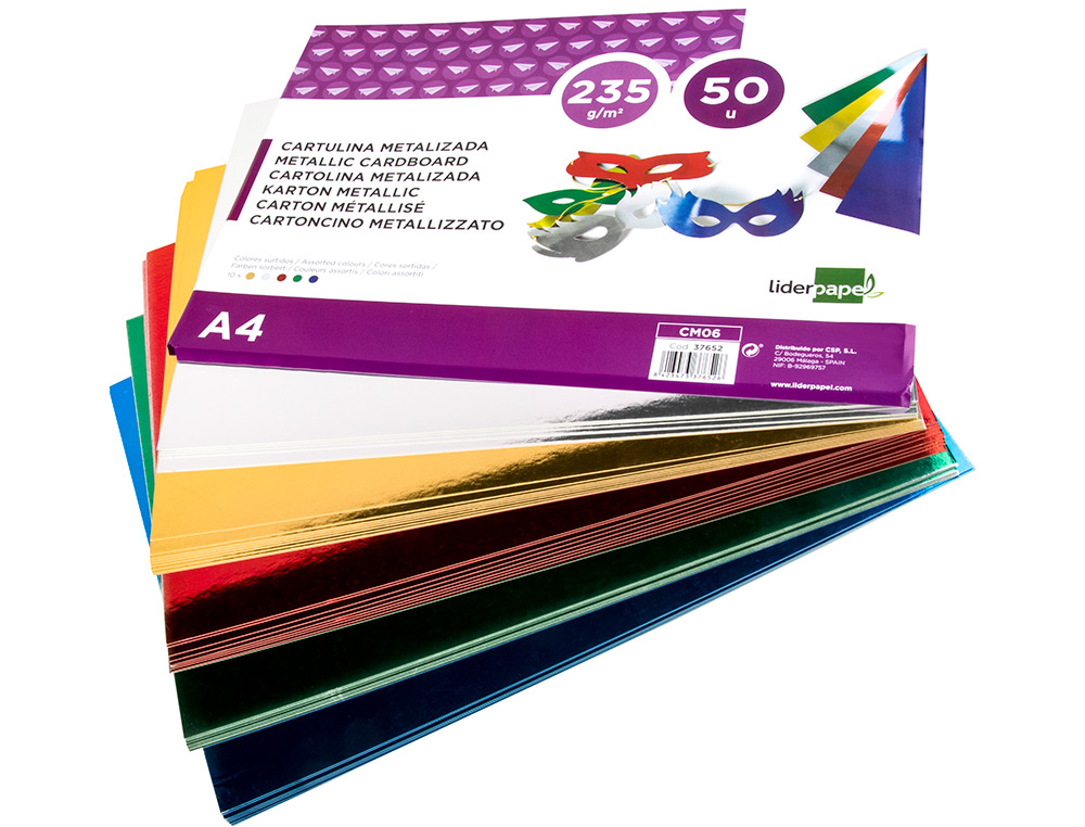 CARTULINA LIDERPAPEL A4 235 G/M2 METALIZADA 5 COLORES SURTIDOS PAQUETE DE 50 HOJAS