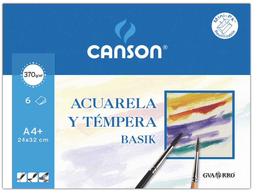 PAPEL ACUARELA BASIK CANSON DIN A4+ 370 GR PACK DE 6 HOJAS