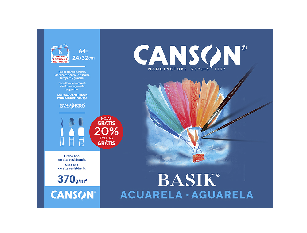 PAPEL ACUARELA BASIK CANSON DIN A4+ 370 GR PACK DE 6 HOJAS