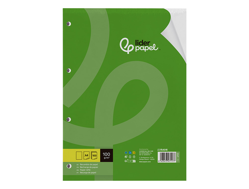 RECAMBIO LIDERPAPEL A4 100 HOJAS 100GR LISO SIN MARGEN 4 TALADROS