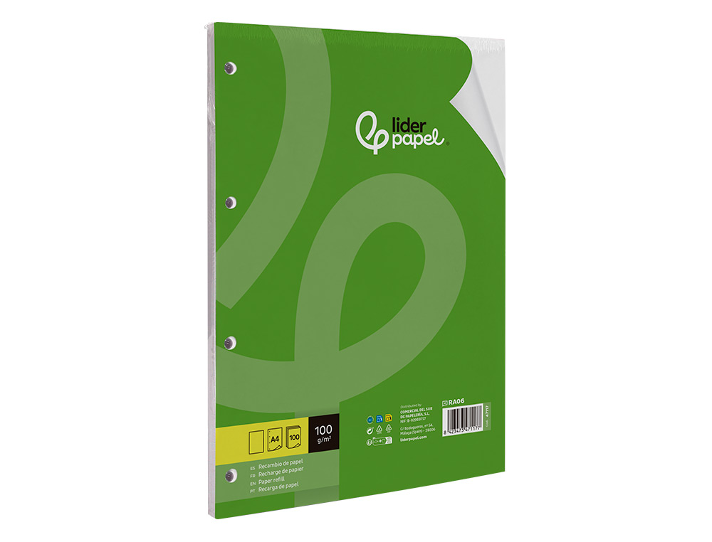 RECAMBIO LIDERPAPEL A4 100 HOJAS 100GR LISO SIN MARGEN 4 TALADROS