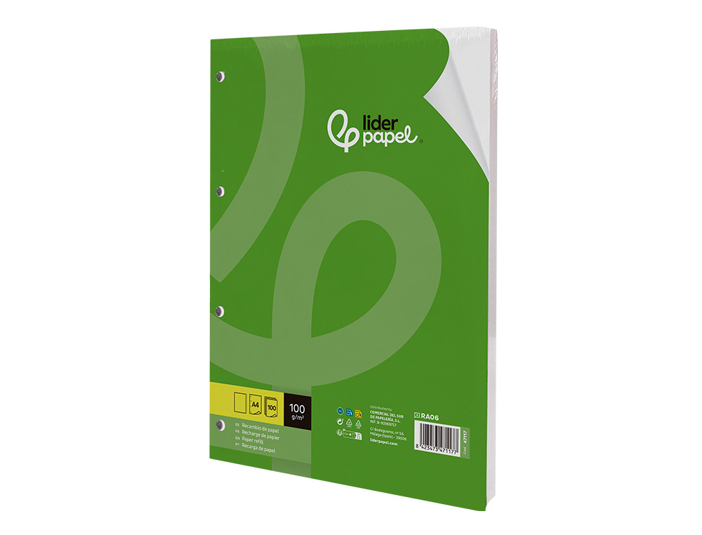 RECAMBIO LIDERPAPEL A4 100 HOJAS 100GR LISO SIN MARGEN 4 TALADROS
