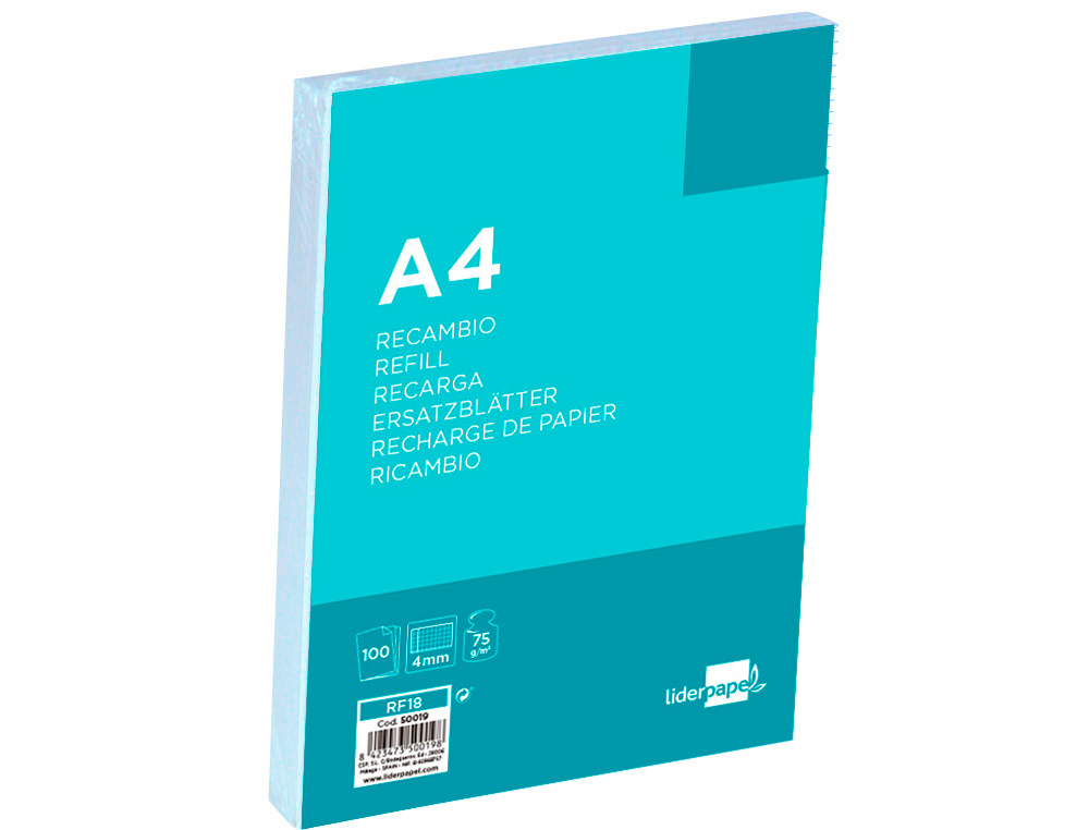 RECAMBIO LIDERPAPEL A4 100 HOJAS 75GR CUADRO 4MM CON MARGEN 4 TALADROS