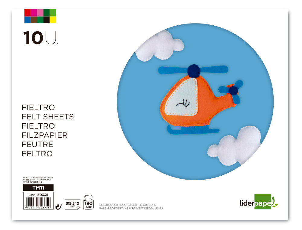 BLOC TRABAJOS MANUALES LIDERPAPEL FIELTRO 240X315MM 10 HOJAS COLORES SURTIDOS