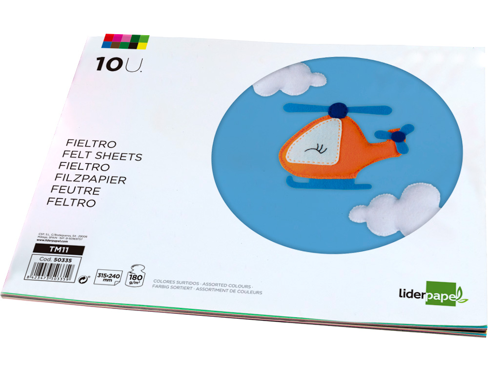 BLOC TRABAJOS MANUALES LIDERPAPEL FIELTRO 240X315MM 10 HOJAS COLORES SURTIDOS