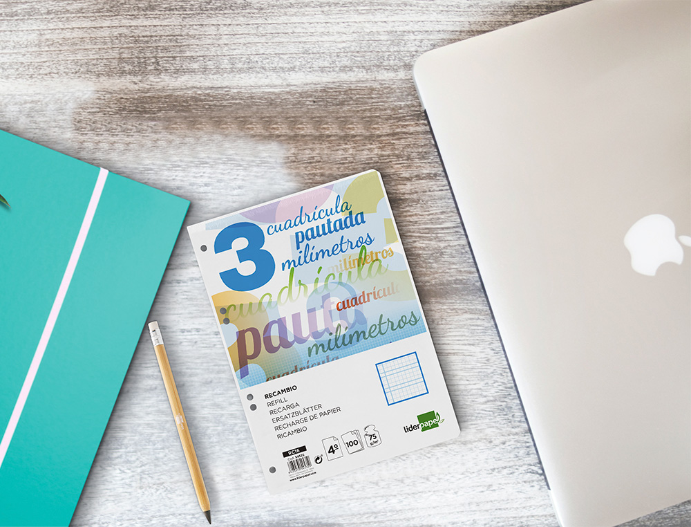 RECAMBIO LIDERPAPEL CUARTO PAUTAGUIA 100 HOJAS 75GR CUADRICULADO PAUTADO 3MM CON MARGEN 6 TALADROS