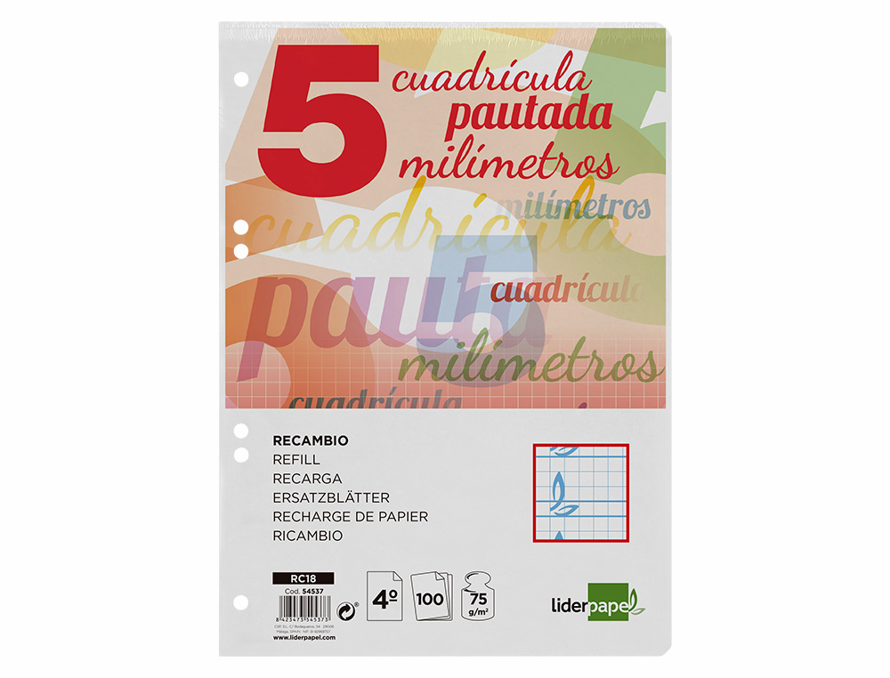 RECAMBIO LIDERPAPEL CUARTO PAUTAGUIA 100 HOJAS 75GR CUADRICULADO PAUTADO 5 MM CON MARGEN 6 TALADROS