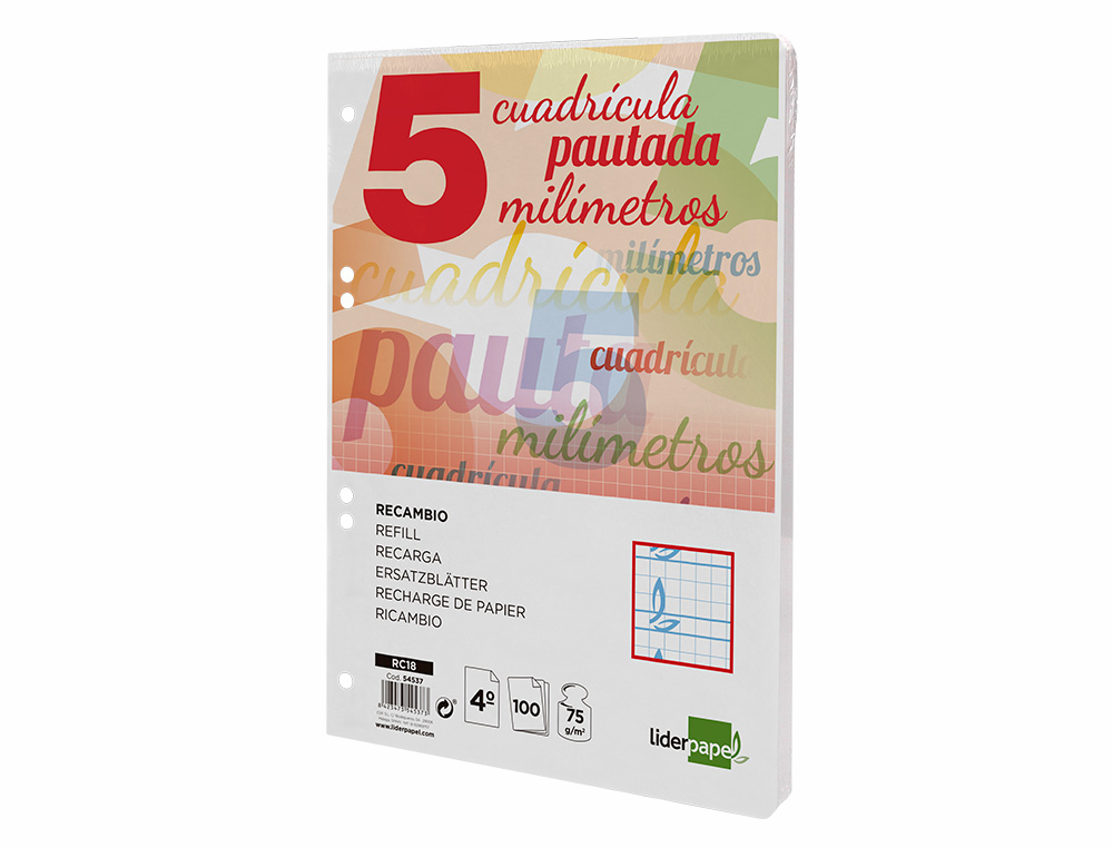 RECAMBIO LIDERPAPEL CUARTO PAUTAGUIA 100 HOJAS 75GR CUADRICULADO PAUTADO 5 MM CON MARGEN 6 TALADROS