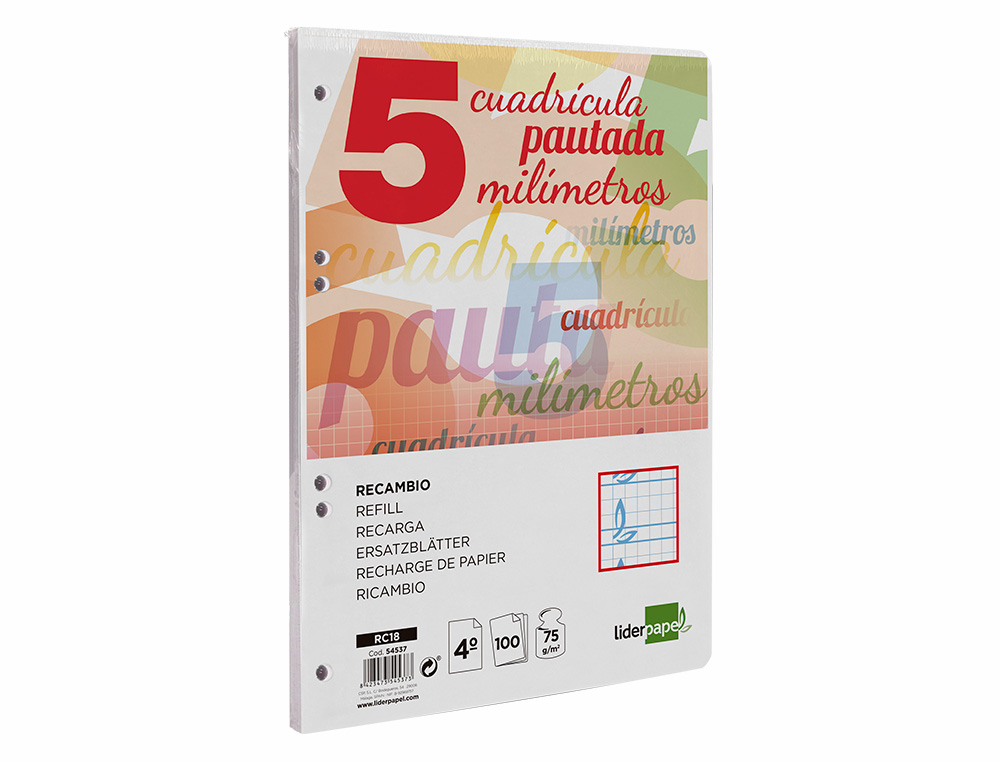 RECAMBIO LIDERPAPEL CUARTO PAUTAGUIA 100 HOJAS 75GR CUADRICULADO PAUTADO 5 MM CON MARGEN 6 TALADROS