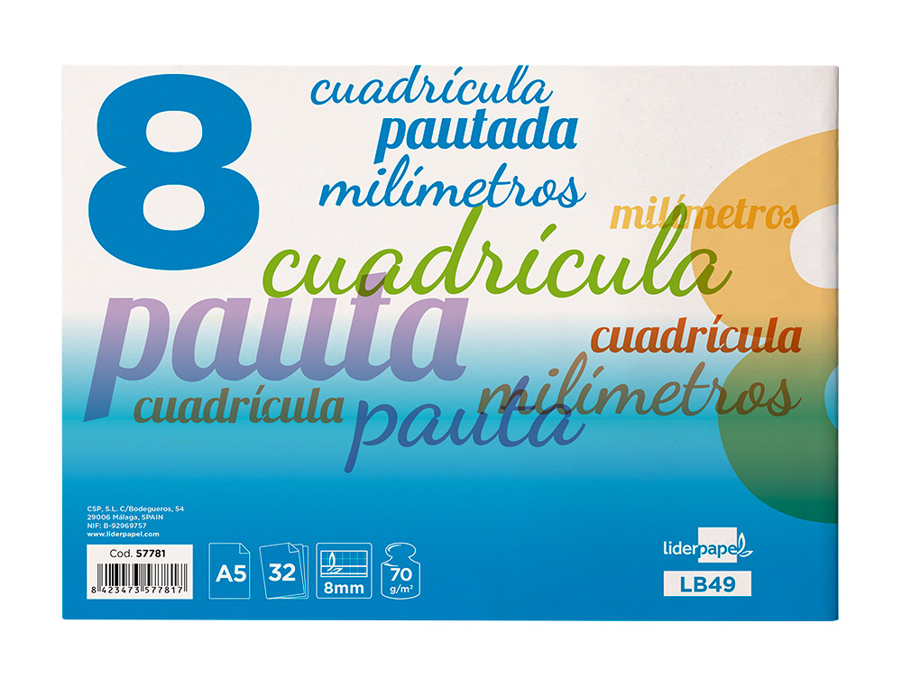LIBRETA LIDERPAPEL PAUTAGUIA TAPA CARTONCILLO 32 HOJAS DIN A5 70 GR CUADRICULADO PAUTADO 8 MM APAISADO CON MARGEN