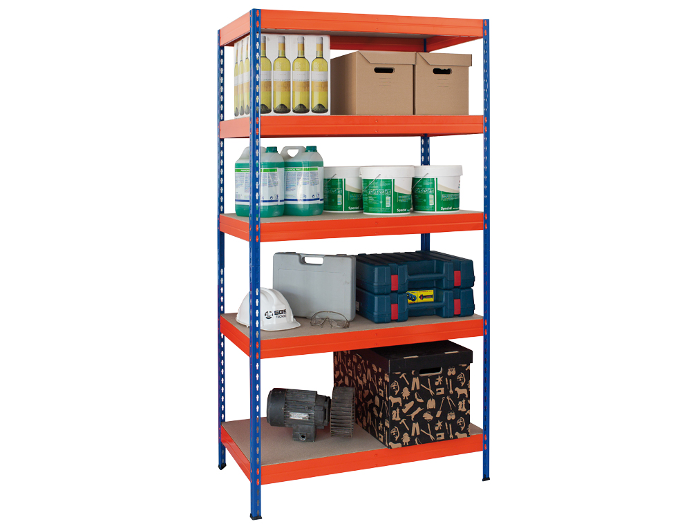 ESTANTERIA METALICA AR STORAGE 192X90X45 CM 5 ESTANTES 220KG POR ESTANTE BANDEJAS DE MADERASIN TORNILLOS AZUL NARANJA