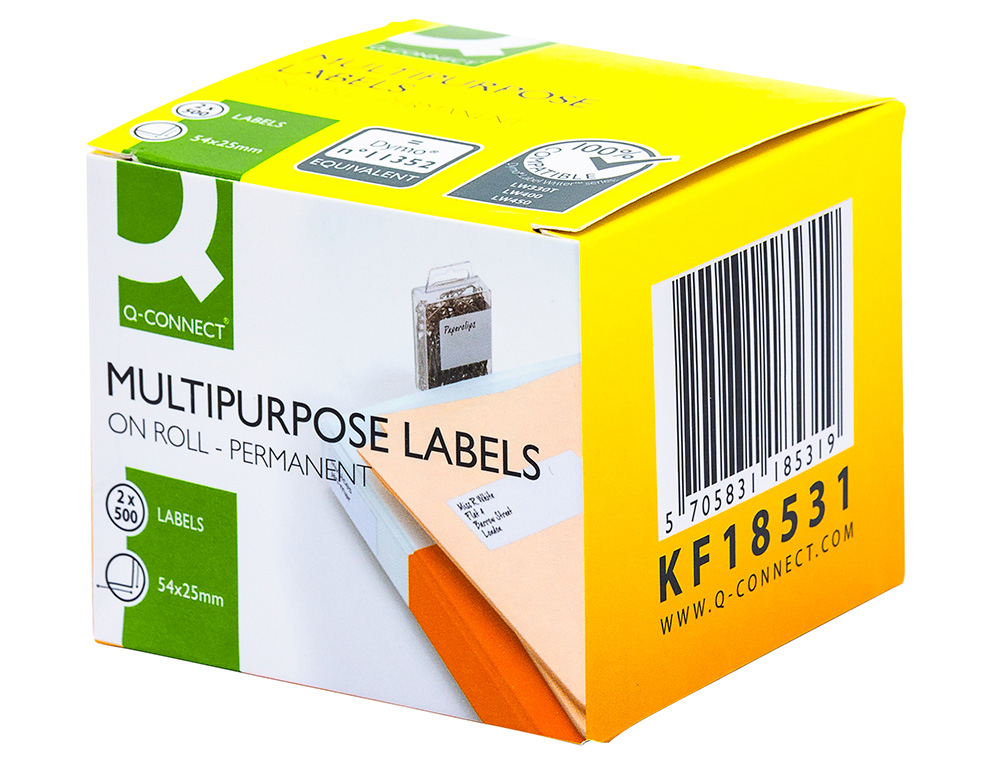 ETIQUETA ADHESIVA PERMANENTE Q-CONNECT KF18531 COMPATIBLE DYMO 11352 TAMAO 54X25 MM CAJA CON 500 ETIQUETAS