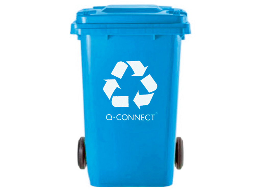 PAPELERA CONTENEDOR Q-CONNECT PLASTICO AZUL PARA PAPEL Y CARTON 100L CON TAPA Y RUEDAS 750X470X370 MM