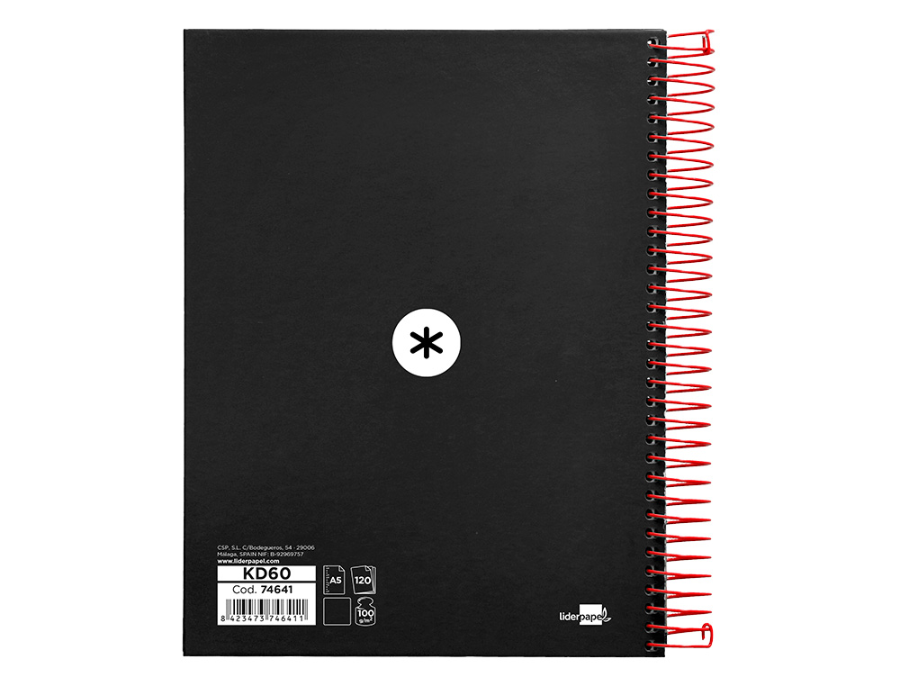 CUADERNO ESPIRAL A5 MICRO ANTARTIK TAPA FORRADA 120H 90G LISO CON BANDAS 6 TALADROS COLOR NEGRO