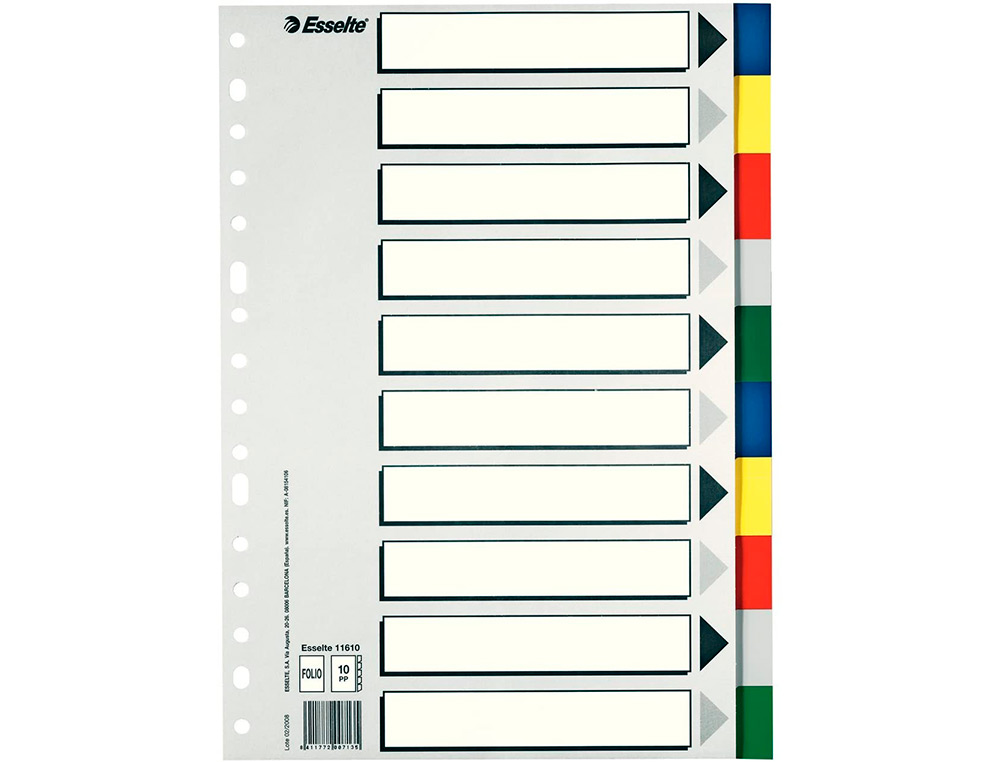 SEPARADOR ESSELTE PLASTICO JUEGO DE 10 SEPARADORES DIN A4 CON 5 COLORES MULTITALADRO