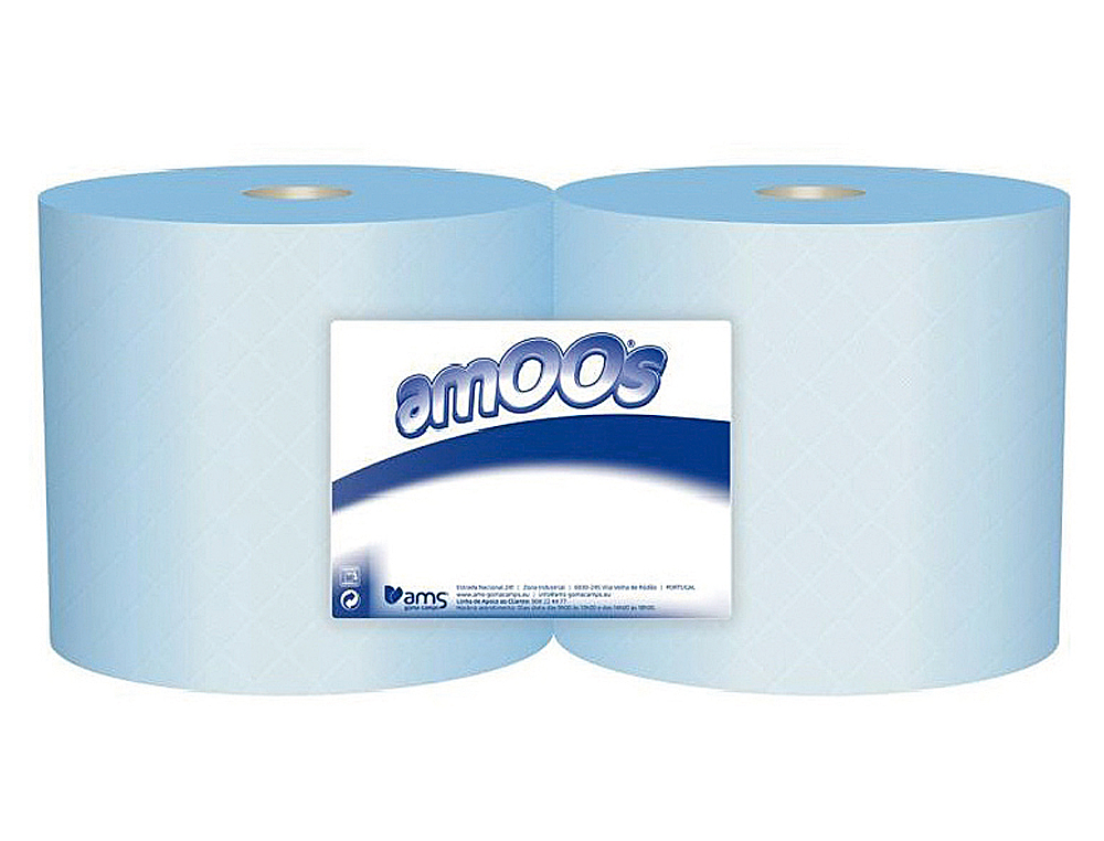 PAPEL SECAMANOS INDUSTRIAL AMOOS 2 CAPAS 222 MM X 300 MT COLOR AZUL PAQUETE DE 2 ROLLOS