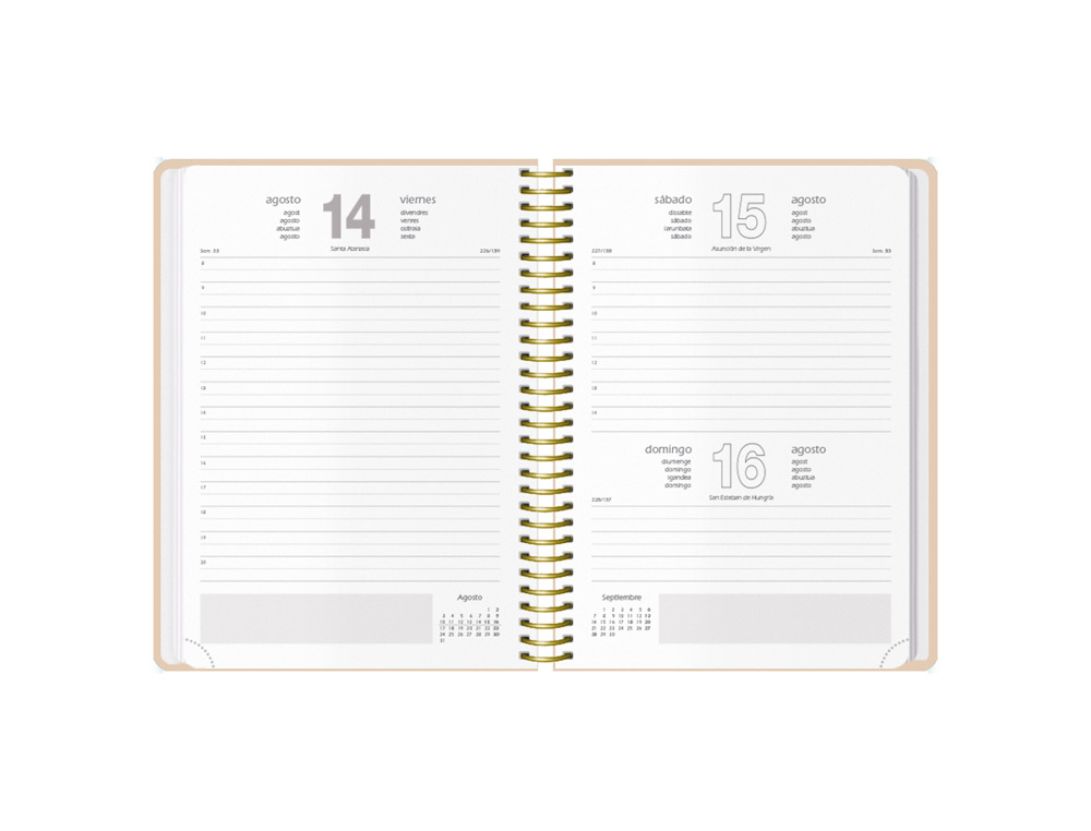 AGENDA ESPIRAL DOHE 2026 VELVET CARTON IMPRESO PLASTIFICADO DIA PAGINA 140X200 MM COLOR BEIG