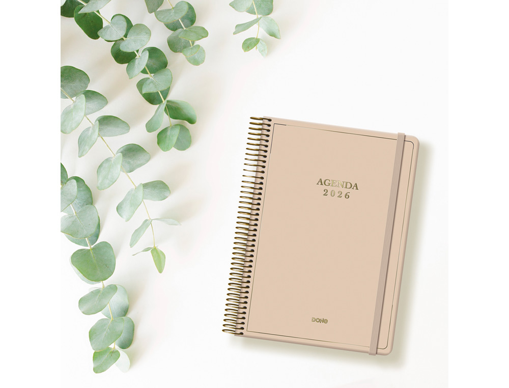 AGENDA ESPIRAL DOHE 2026 VELVET CARTON IMPRESO PLASTIFICADO DIA PAGINA 140X200 MM COLOR BEIG