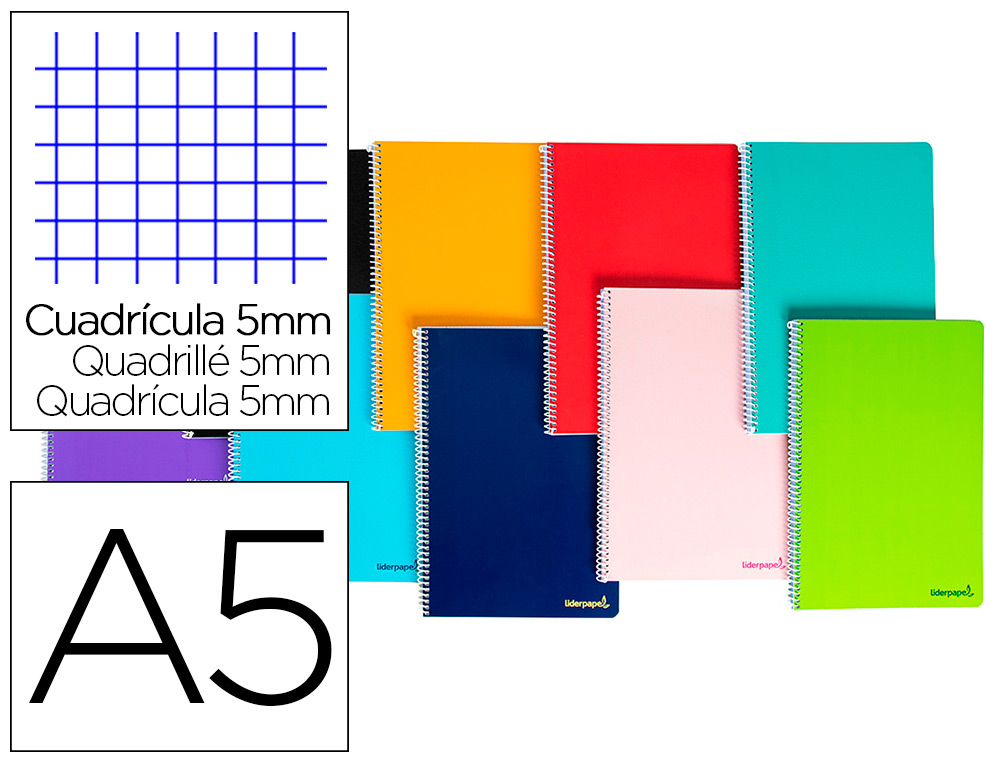 CUADERNO ESPIRAL LIDERPAPEL A5 MICRO SMART TAPA BLANDA 80H60GR CUADRO 5MM 6 TALADROS COLORES SURTIDOS