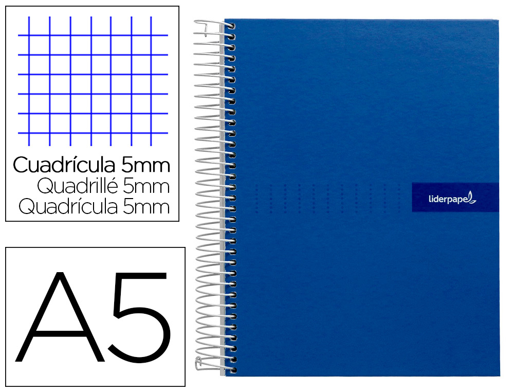 CUADERNO ESPIRAL LIDERPAPEL A5 MICRO CRAFTY TAPA FORRADA 120H 90 GR CUADRO 5MM 5 BANDAS6 TALADROS COLOR AZUL