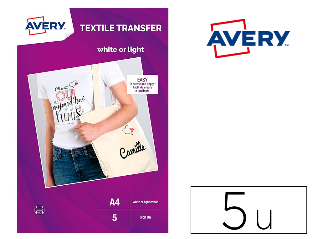 PAPEL TRANSFER AVERY ALGODON CLAROS INK-JET DIN A4 PACK DE 5 HOJAS