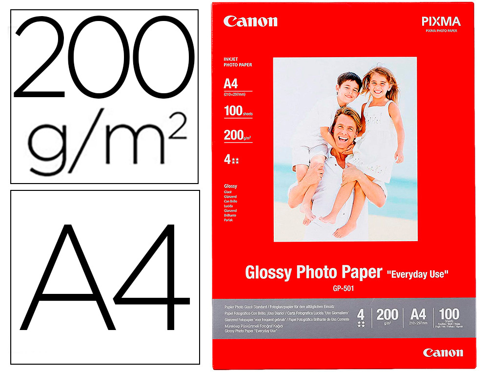 PAPEL FOTOGRAFICO CANON PIXMA BRILLO DIN A4 200G/M2 INK-JET PAQUETE DE 100 HOJAS